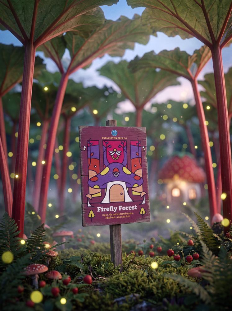 Burlington Beer Co. Firefly Forest gose ale sign in a glowing forest