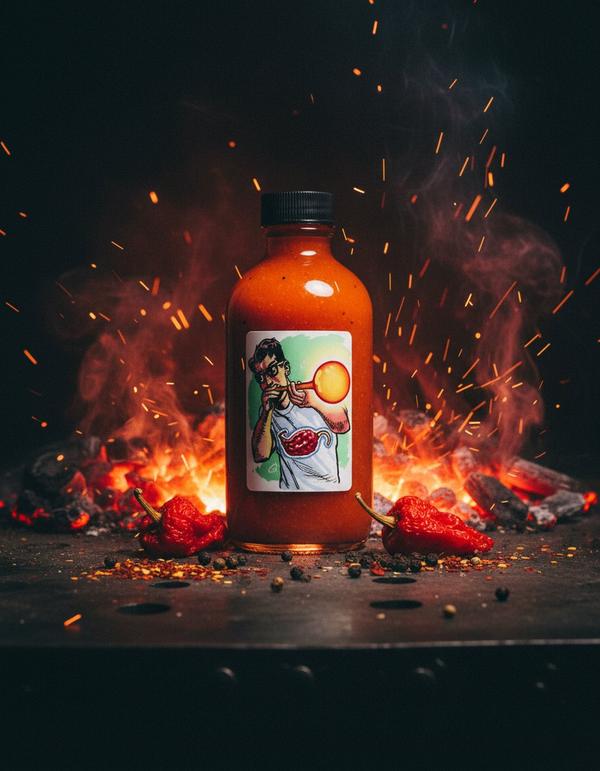 Benito's Hot Sauce product hero with fire and ember