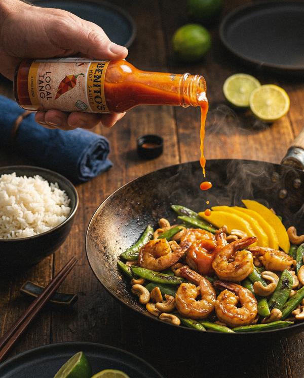 Benito's Hot Sauce shrimp wok pour shot