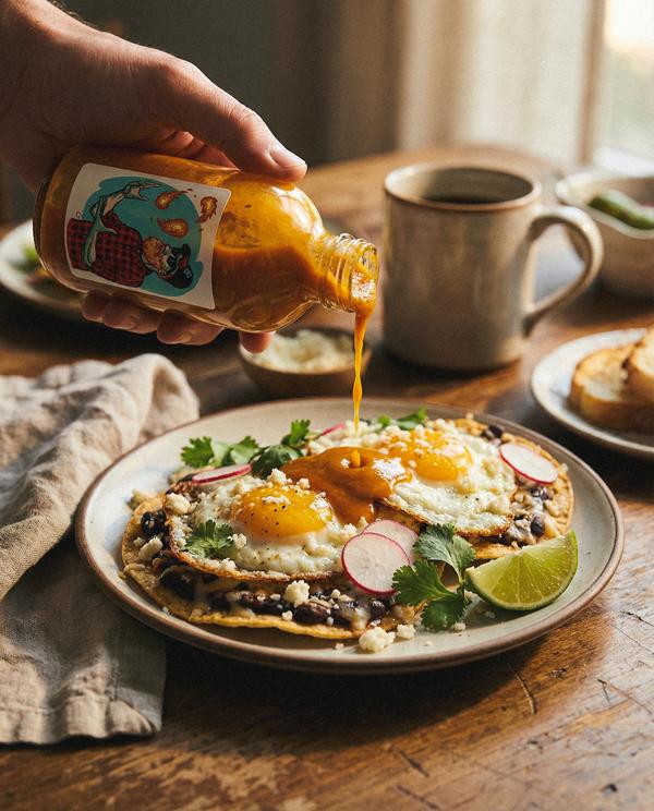 Benito's Hot Sauce huevos rancheros pour