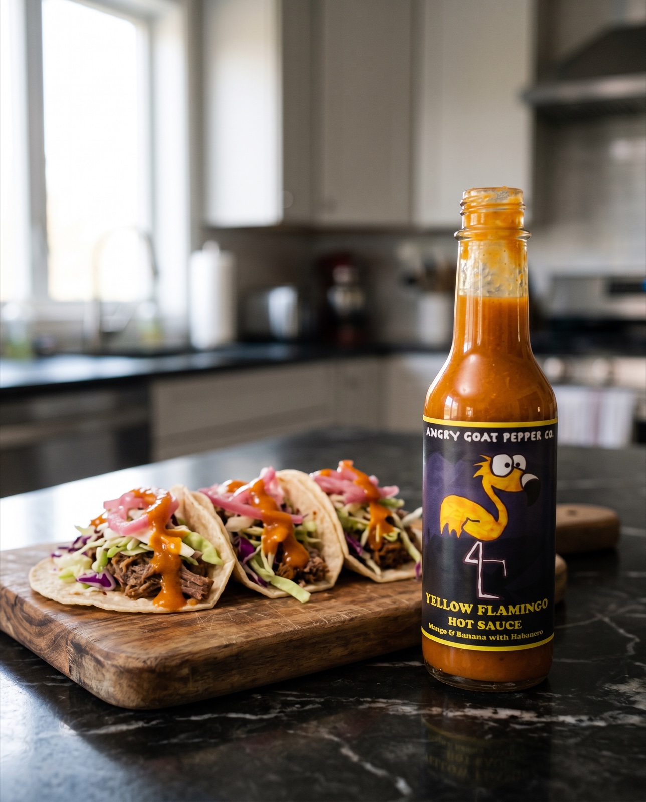 Angry Goat Pepper Co. hot sauce with fresh tacos