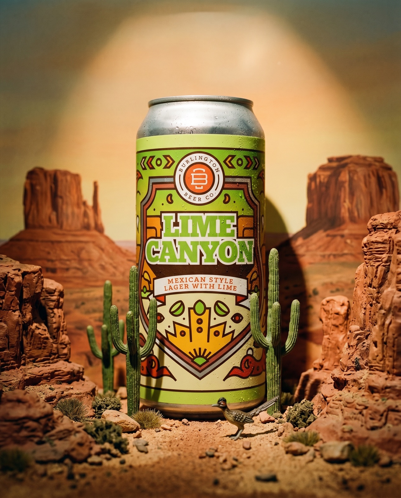 Burlington Beer Co. Lime Canyon Mexican style lager can in desert canyon scene