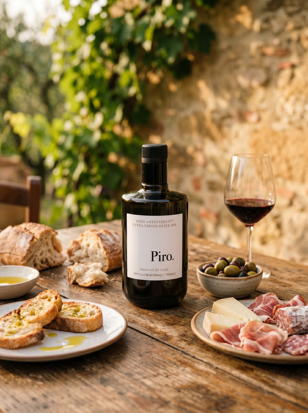 Olio Piro olive oil with bread, charcuterie, and wine in Tuscany