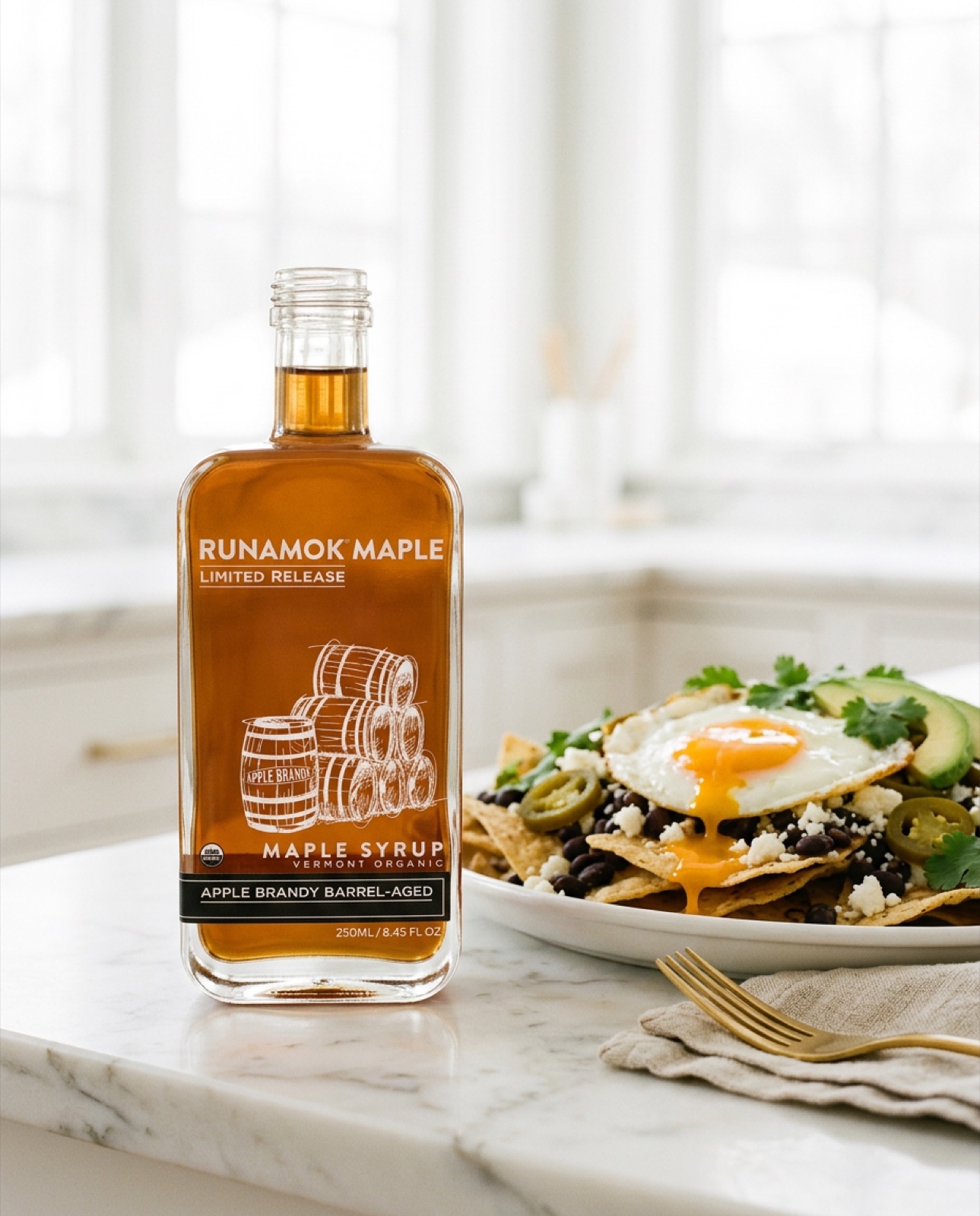 Runamok Maple apple brandy barrel-aged syrup with chilaquiles