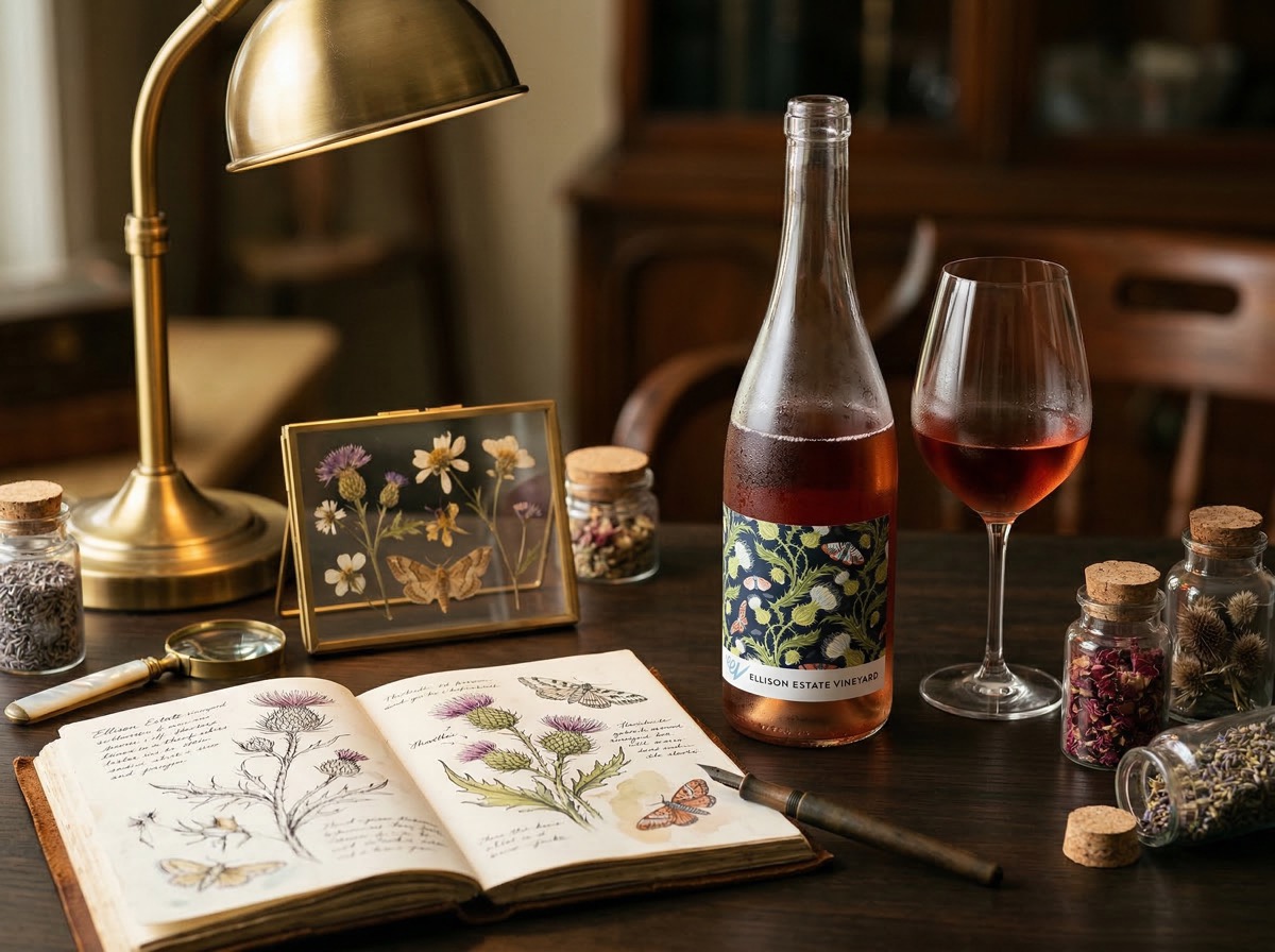 Ellison Estate Vineyard wine bottle in botanical garden setting