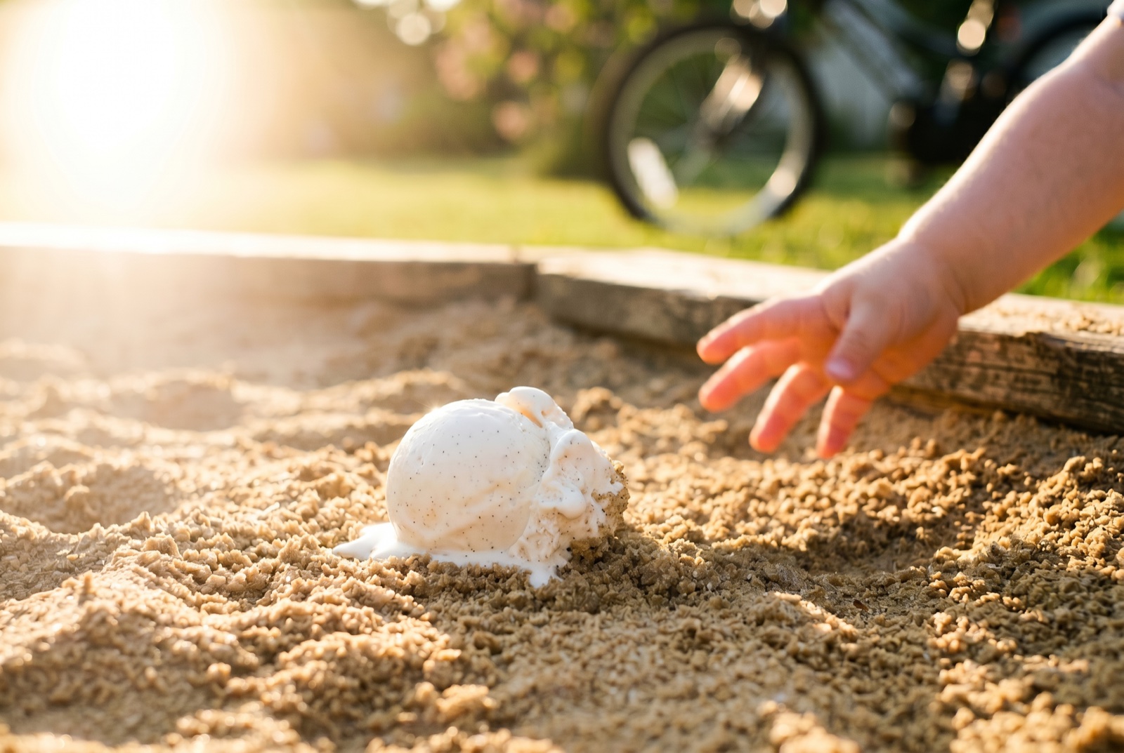 Kids eating ice cream in a sandbox, lifestyle photography