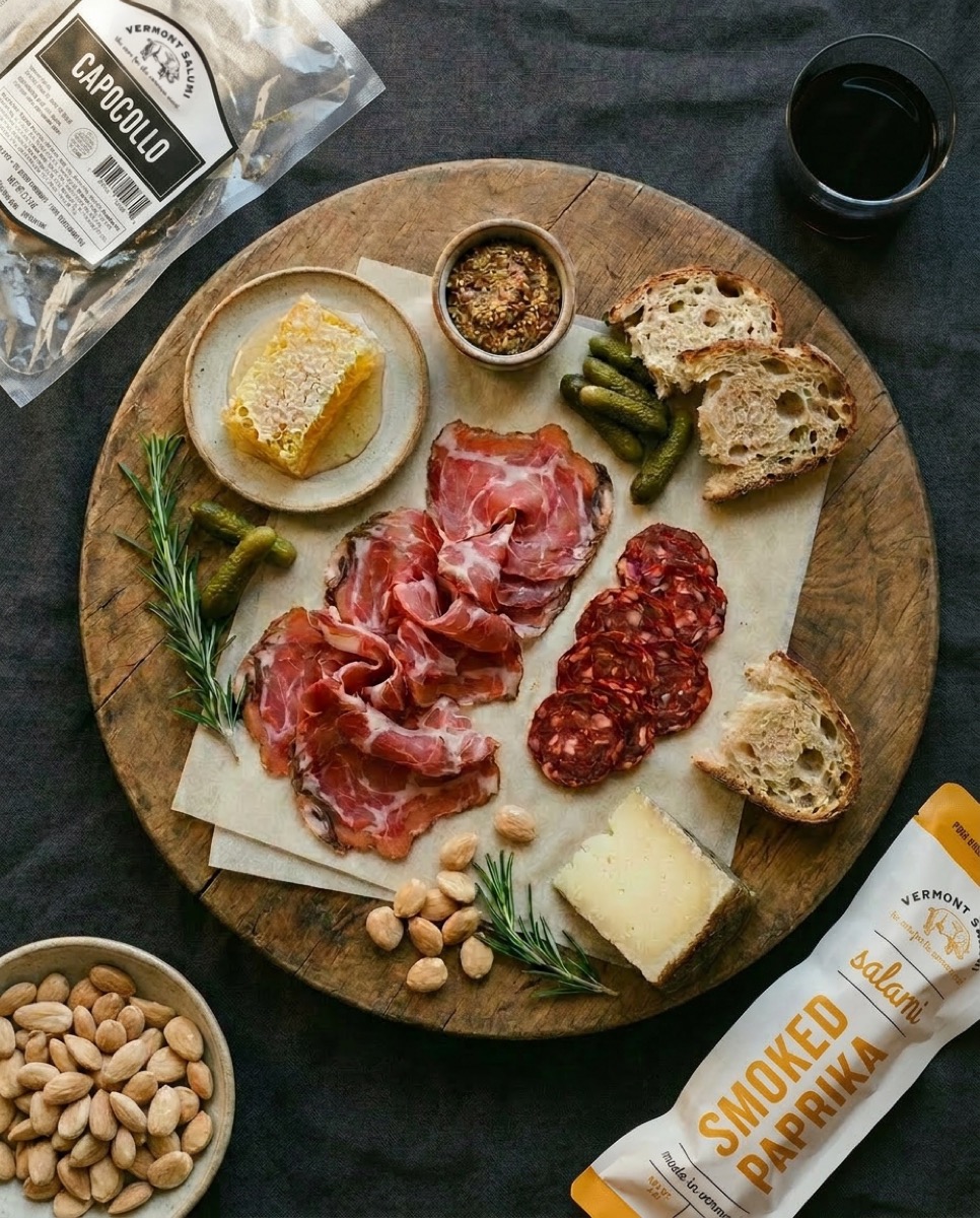 Vermont Salumi charcuterie board, editorial flatlay photography