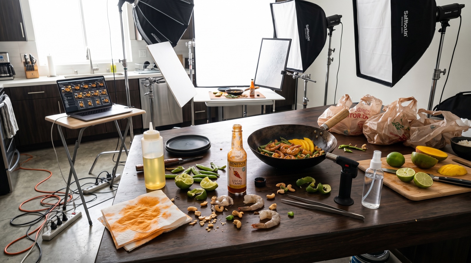 Behind the scenes of a food photography shoot showing waste, gear, and mess
