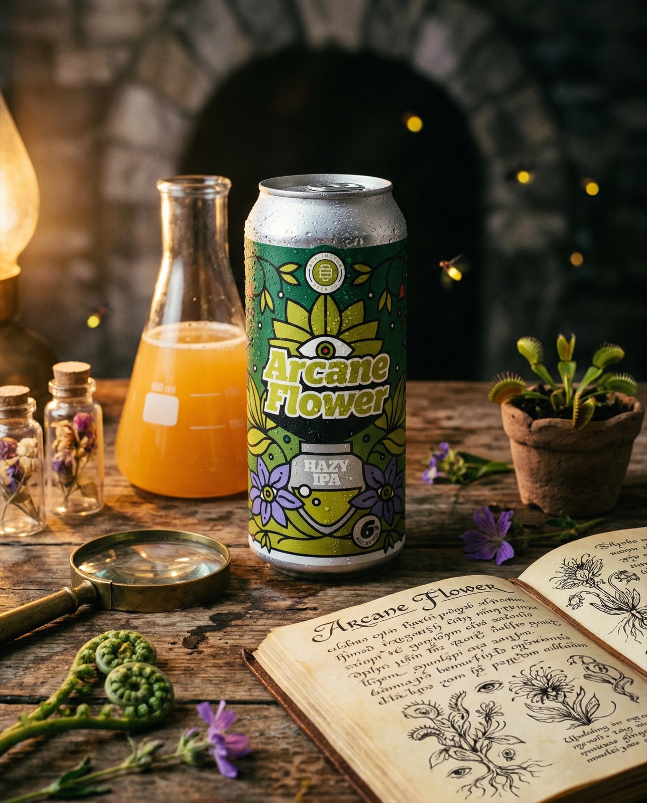Burlington Beer Co. Arcane Flower Hazy IPA with botanical journal and venus flytrap