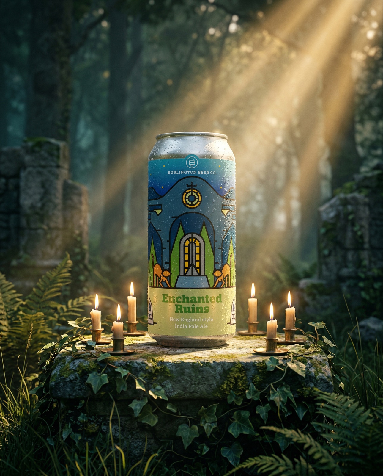 Burlington Beer Co. Enchanted Ruins IPA in forest ruins