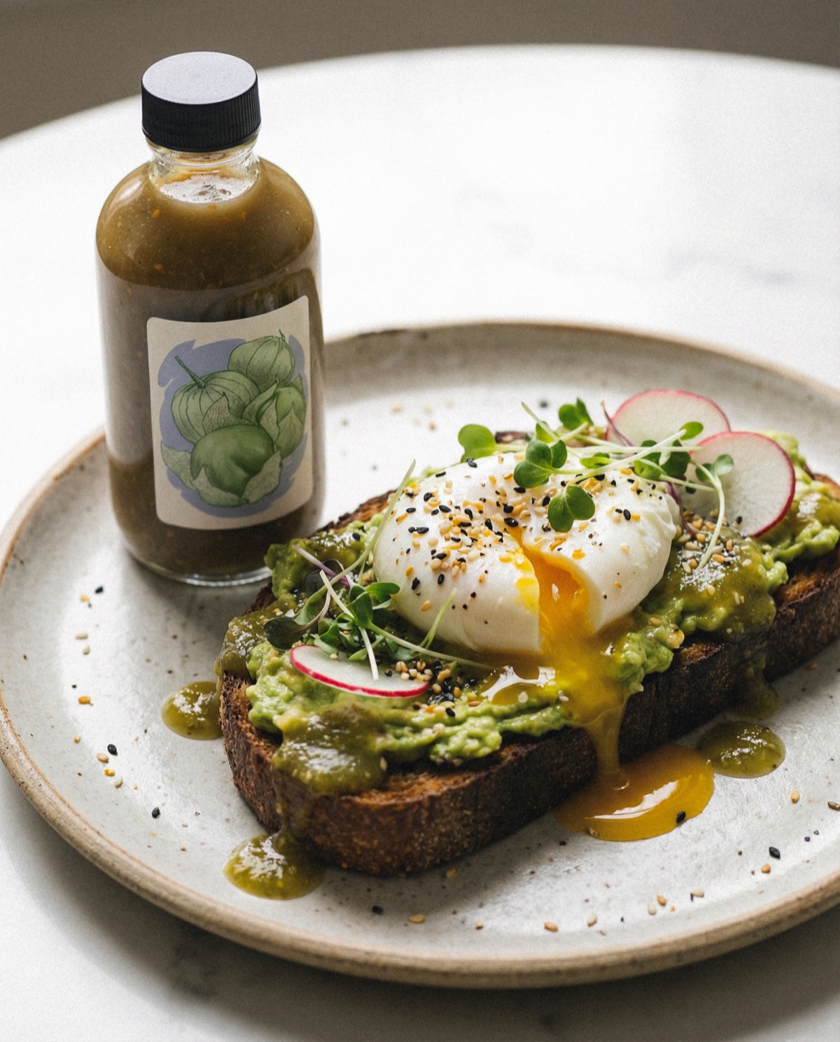Avocado toast with poached egg and tomatillo hot sauce