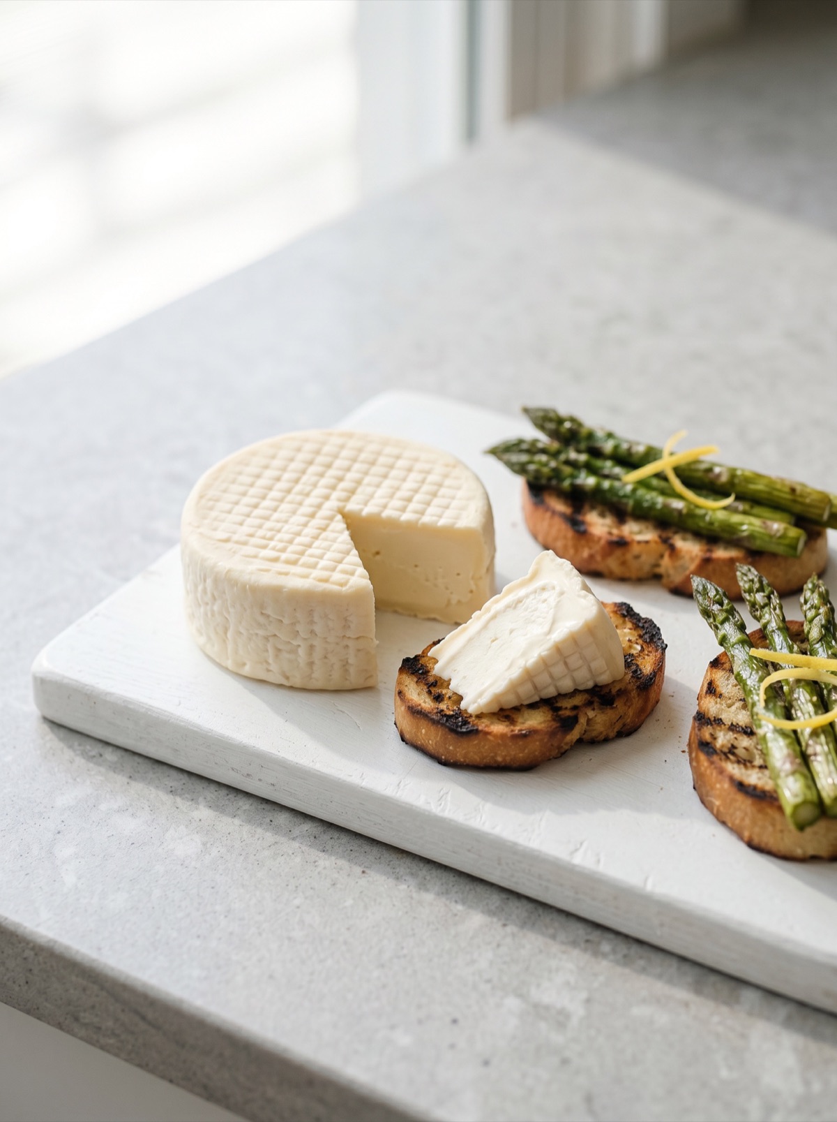Fresh cheese on grilled crostini with asparagus