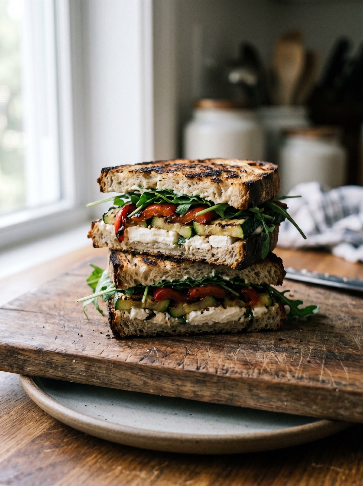 Grilled vegetable sandwich with arugula on sourdough
