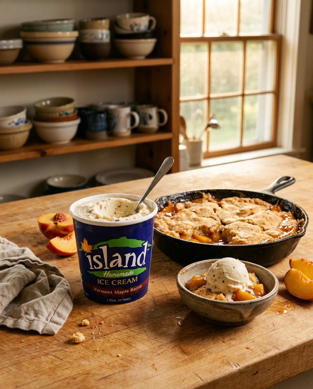 Peach cobbler with Island Homemade Ice Cream