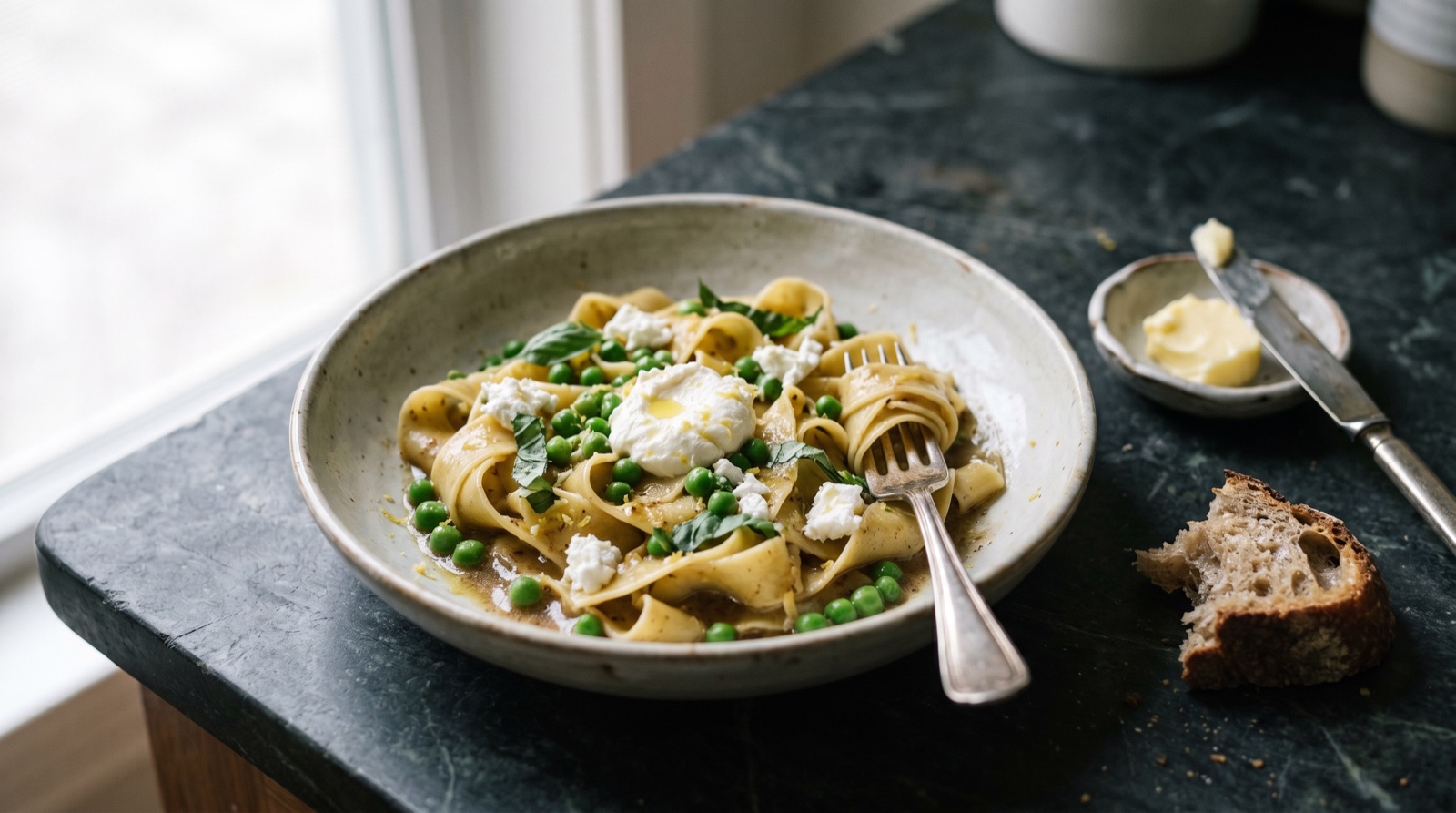 Pappardelle with spring peas, ricotta, and fresh herbs