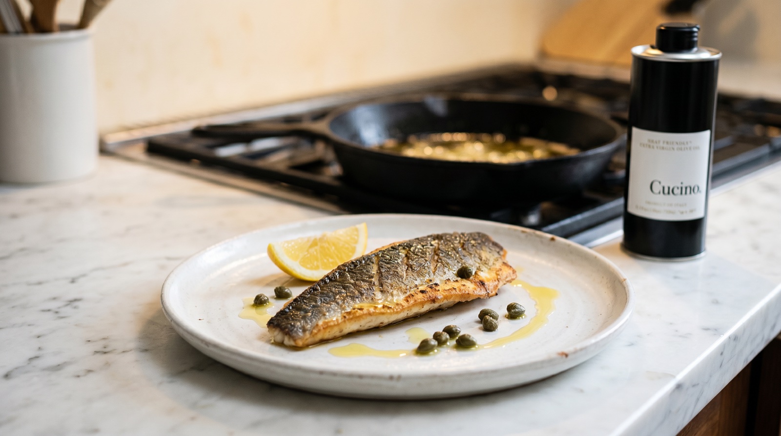 Pan-seared branzino with capers, lemon, and Cucino olive oil