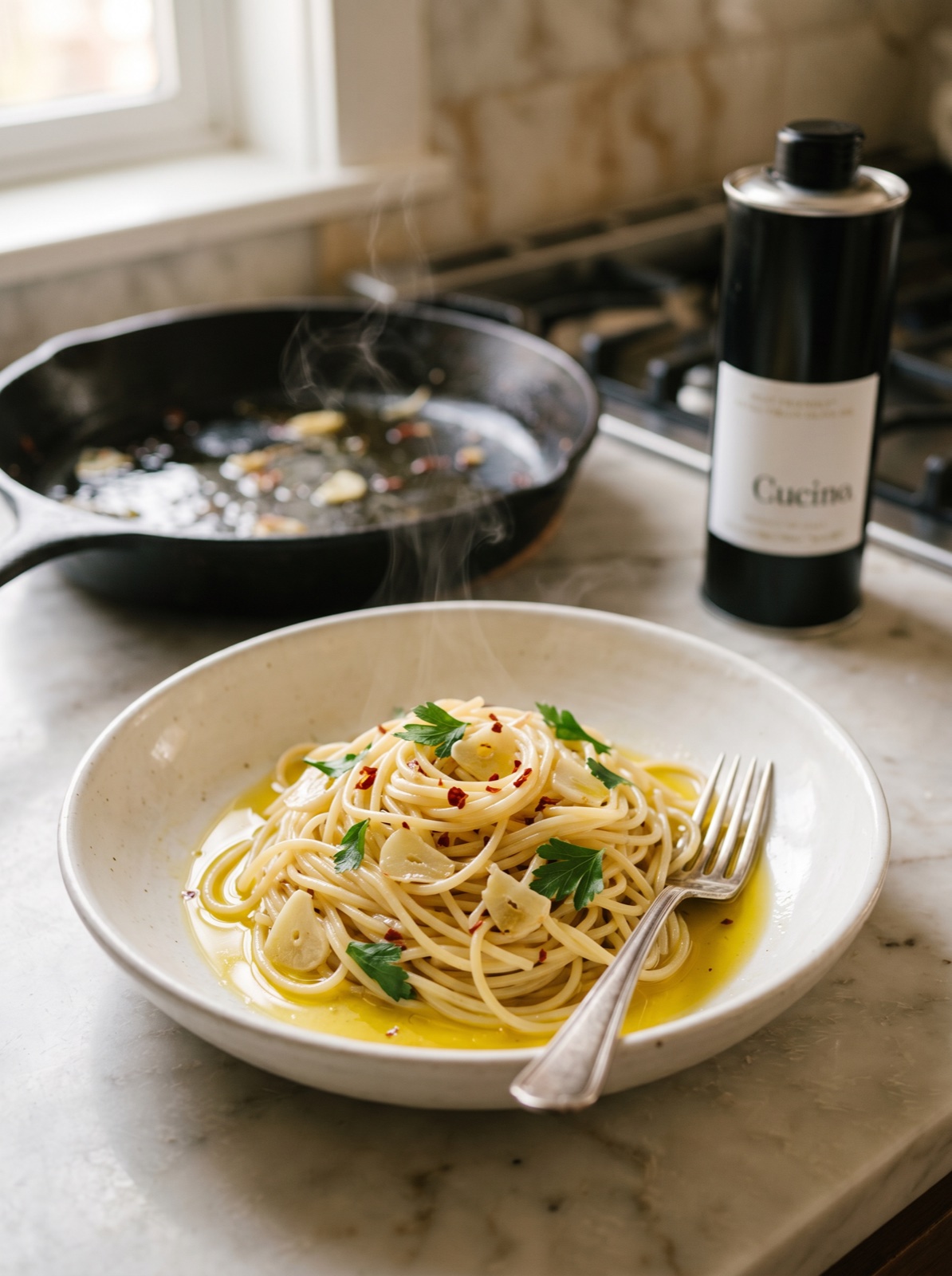 Fresh pasta with Olio Piro olive oil in a rustic kitchen