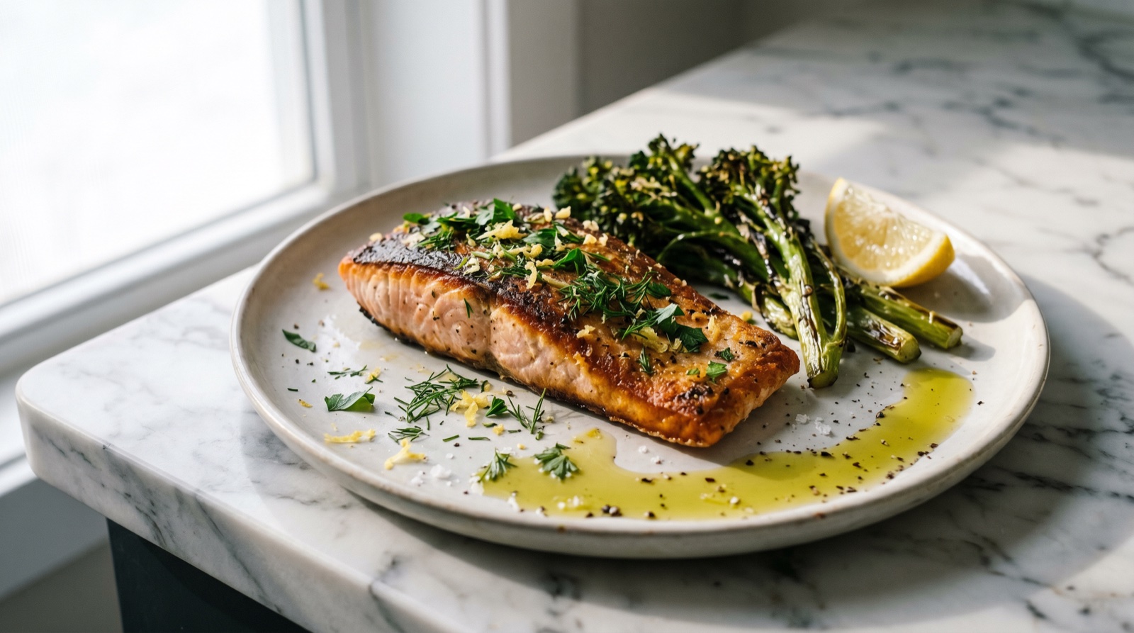 Seared salmon fillet with charred broccolini and lemon
