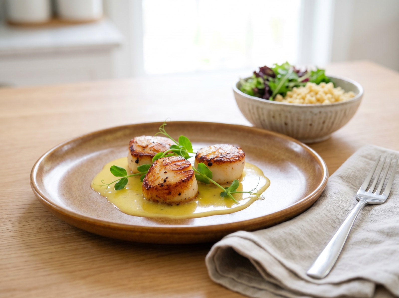 Seared scallops with citrus beurre blanc and pea shoots