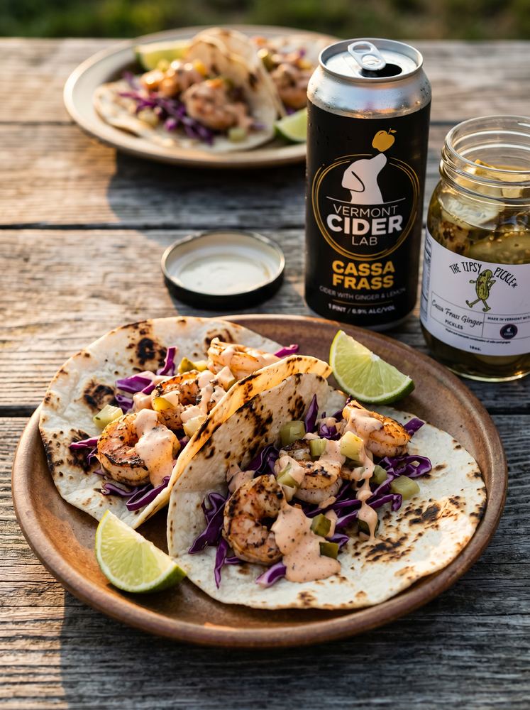 Grilled shrimp tacos with Vermont Cider Lab Cassa Frass and Tipsy Pickle ginger pickles