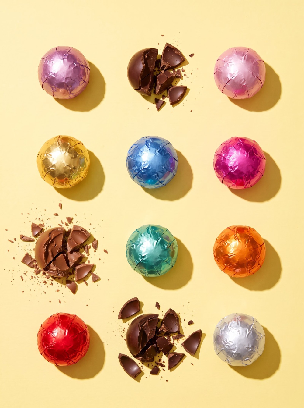 Birnn Chocolates foil-wrapped truffle grid, angled view