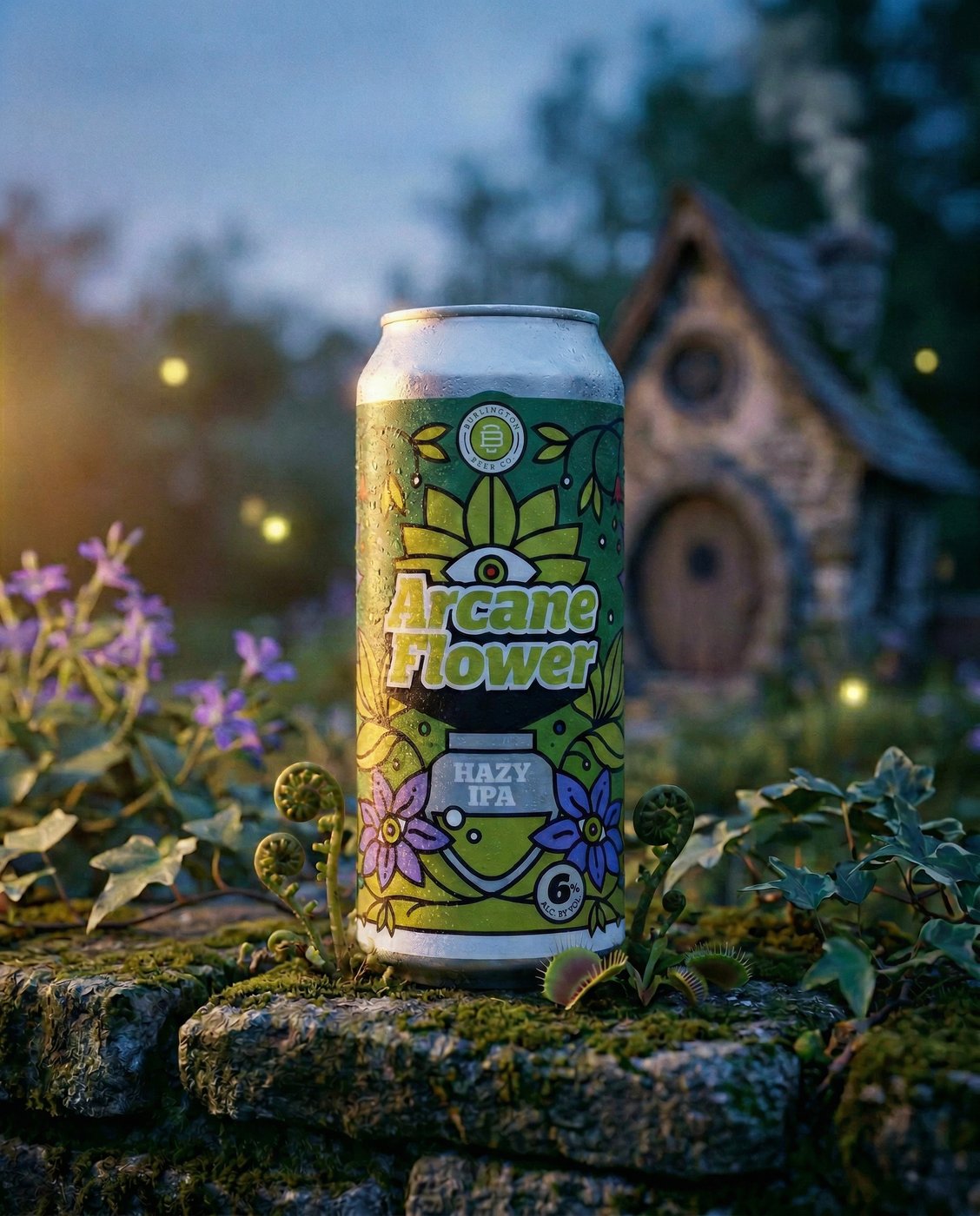 Burlington Beer Co. Arcane Flower Hazy IPA can in a fairy garden with a cottage
