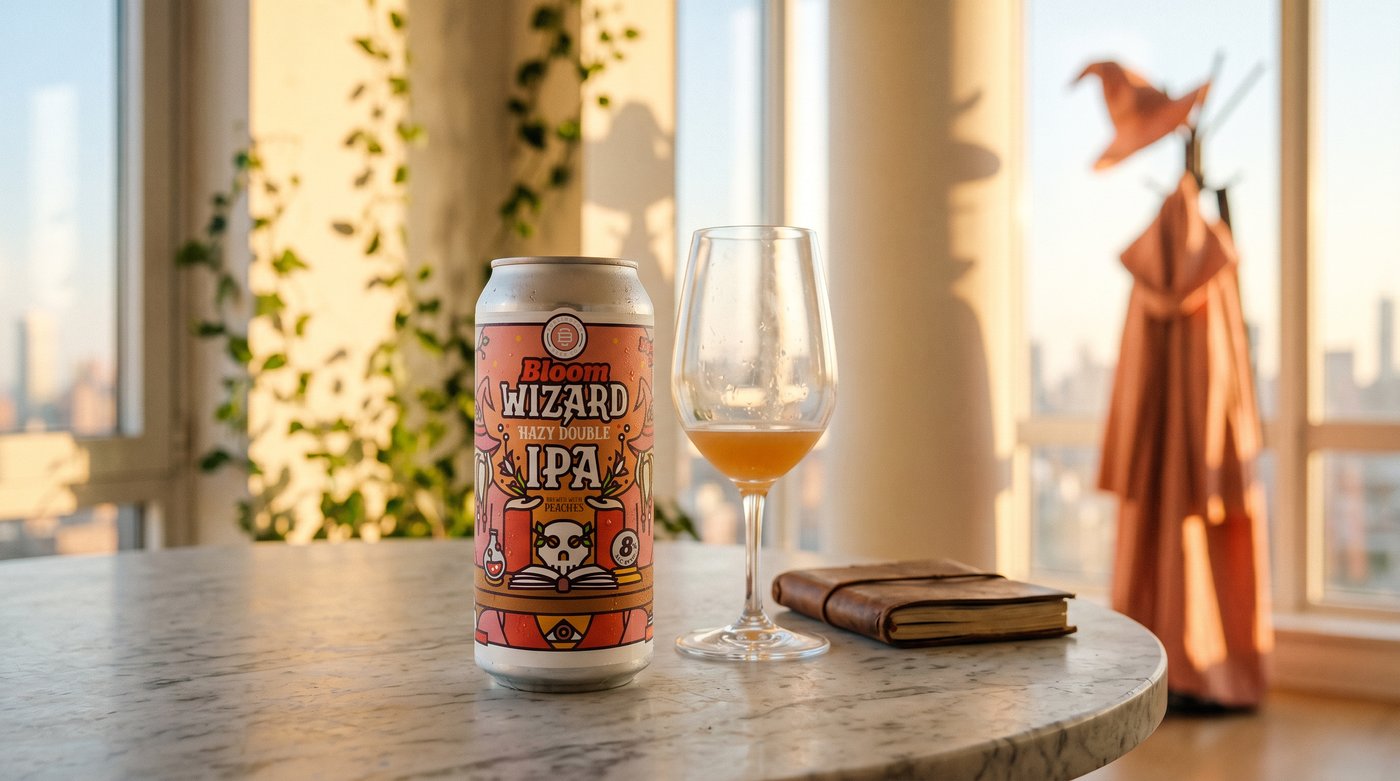 Burlington Beer Co. Bloom Wizard Hazy Double IPA on a city penthouse table with wine glass and spellbook