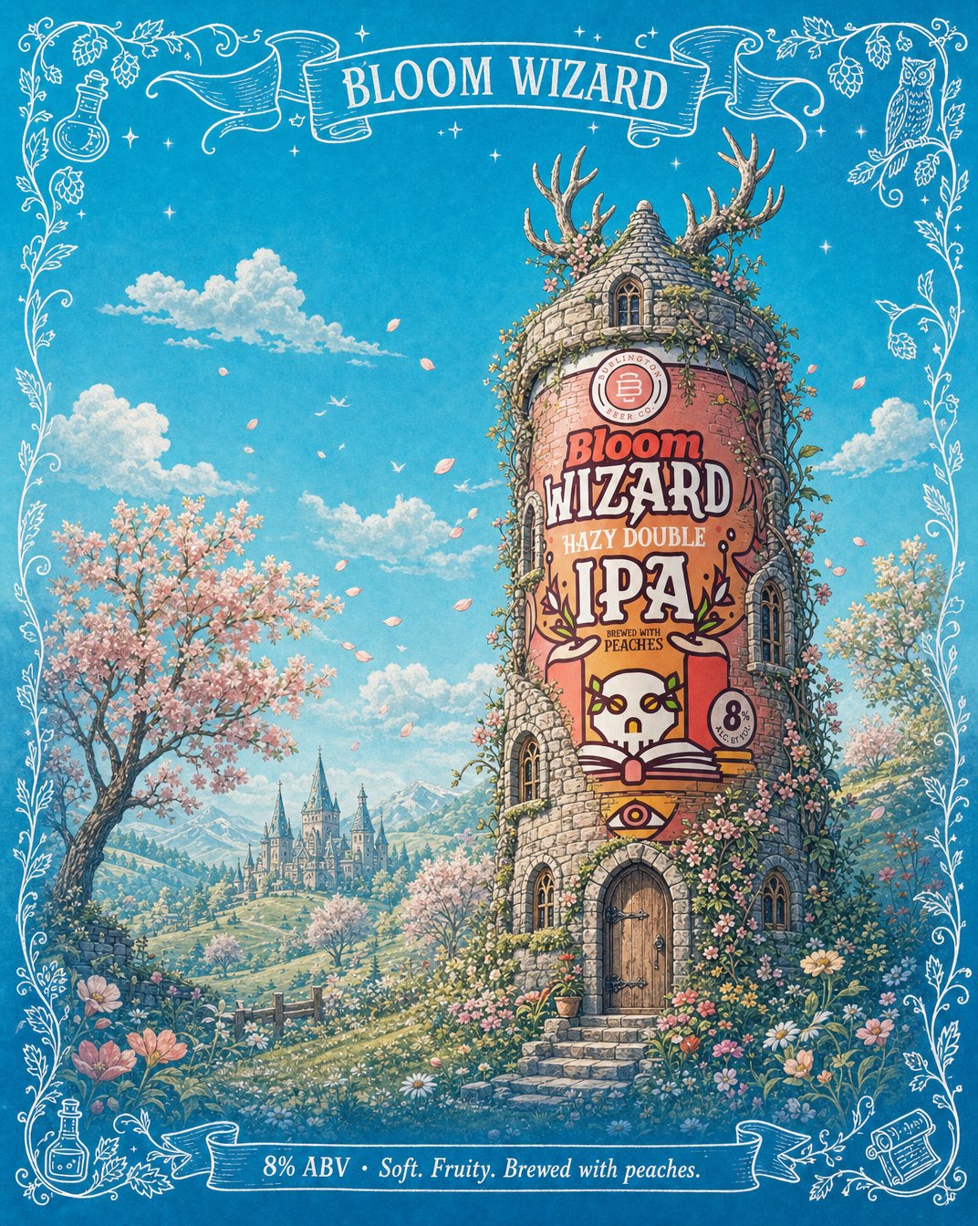 Burlington Beer Co. Bloom Wizard Hazy Double IPA, illustrated wizard tower