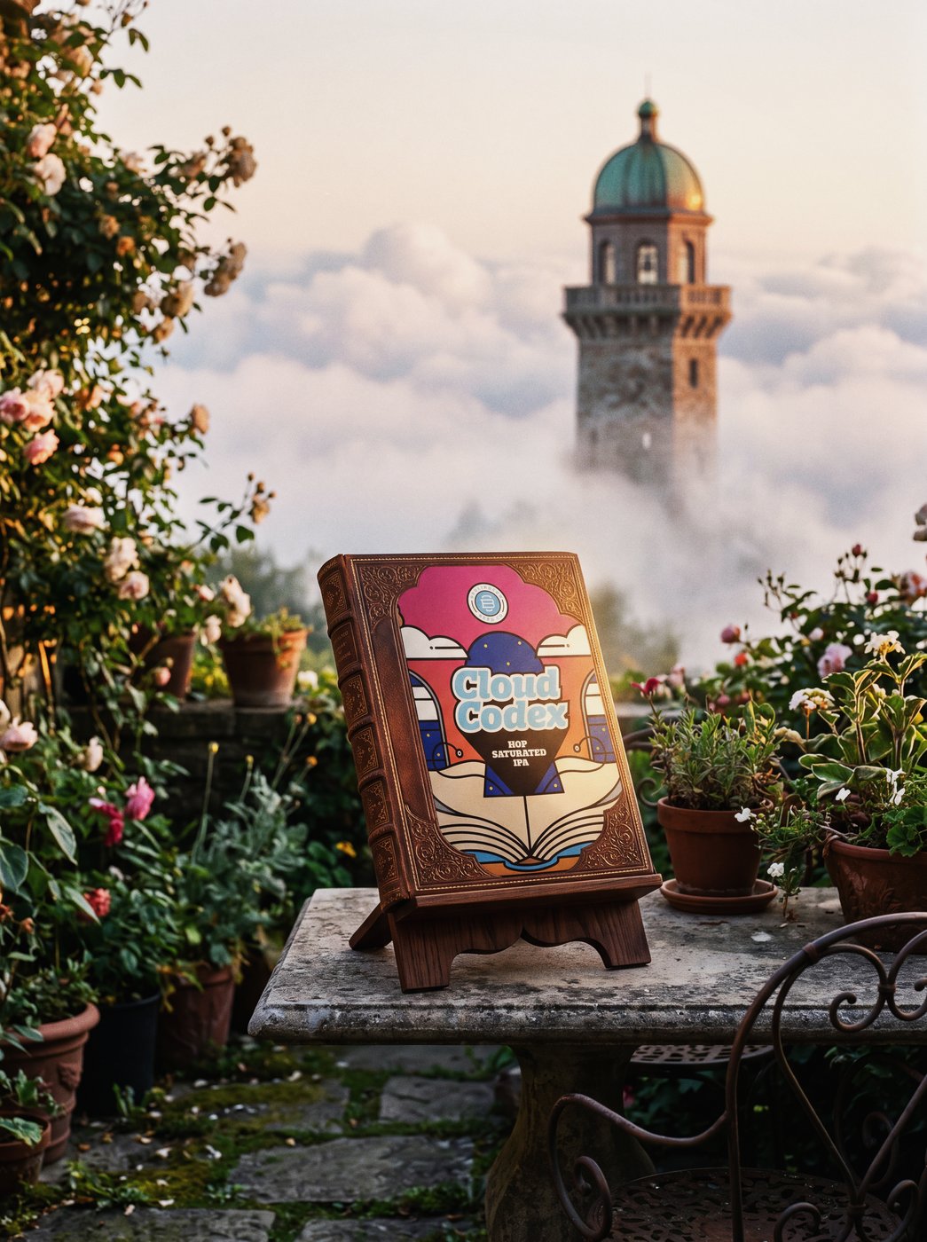 Burlington Beer Co. Cloud Codex Hop Saturated IPA leather-bound book in a rooftop garden