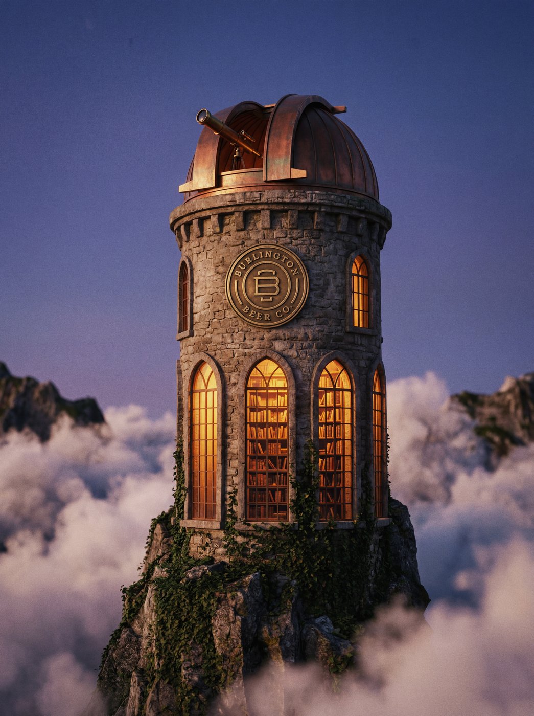 Burlington Beer Co. observatory tower library above the clouds