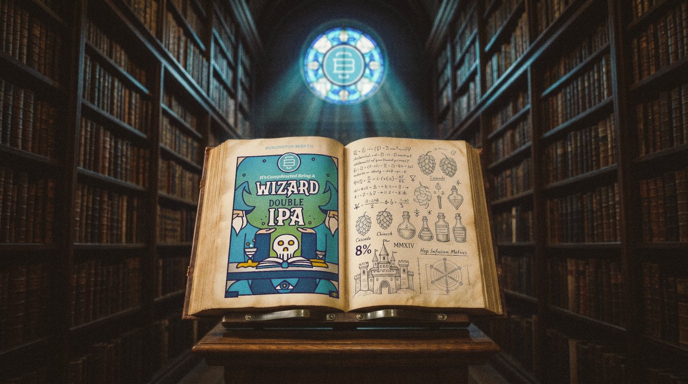Burlington Beer Co. It's Complicated Wizard Double IPA spellbook in a library