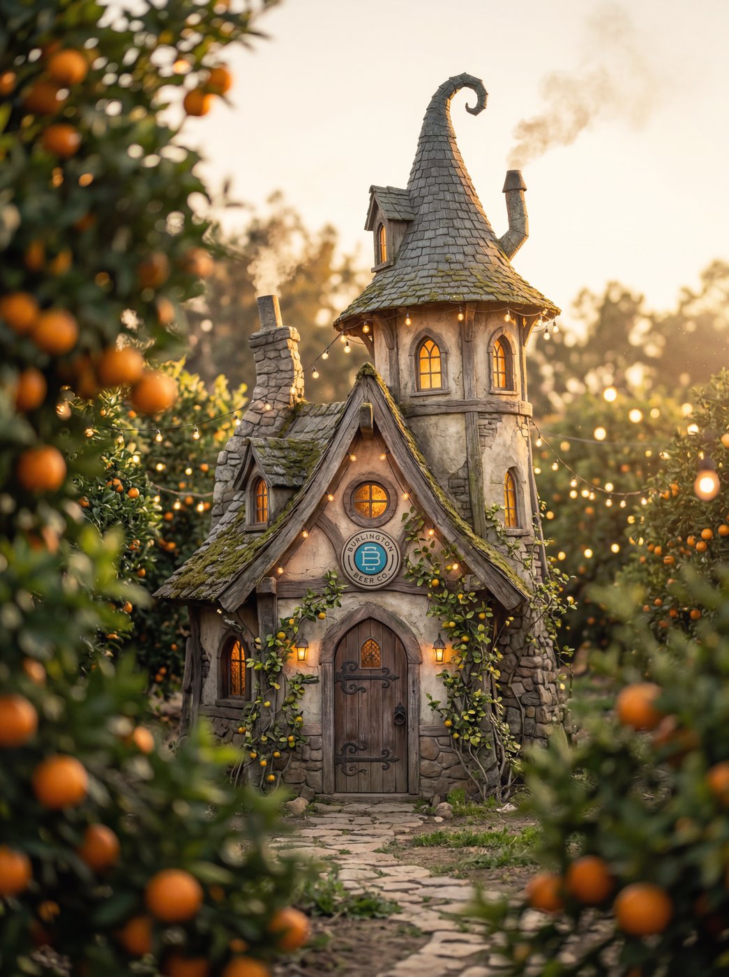 Burlington Beer Co. Grove Wizard cottage in an orange grove at dusk