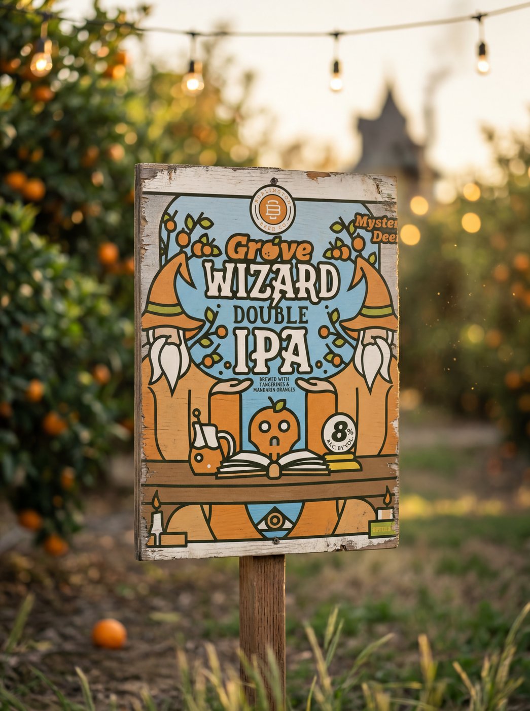 Burlington Beer Co. Grove Wizard Double IPA hand-painted orchard sign