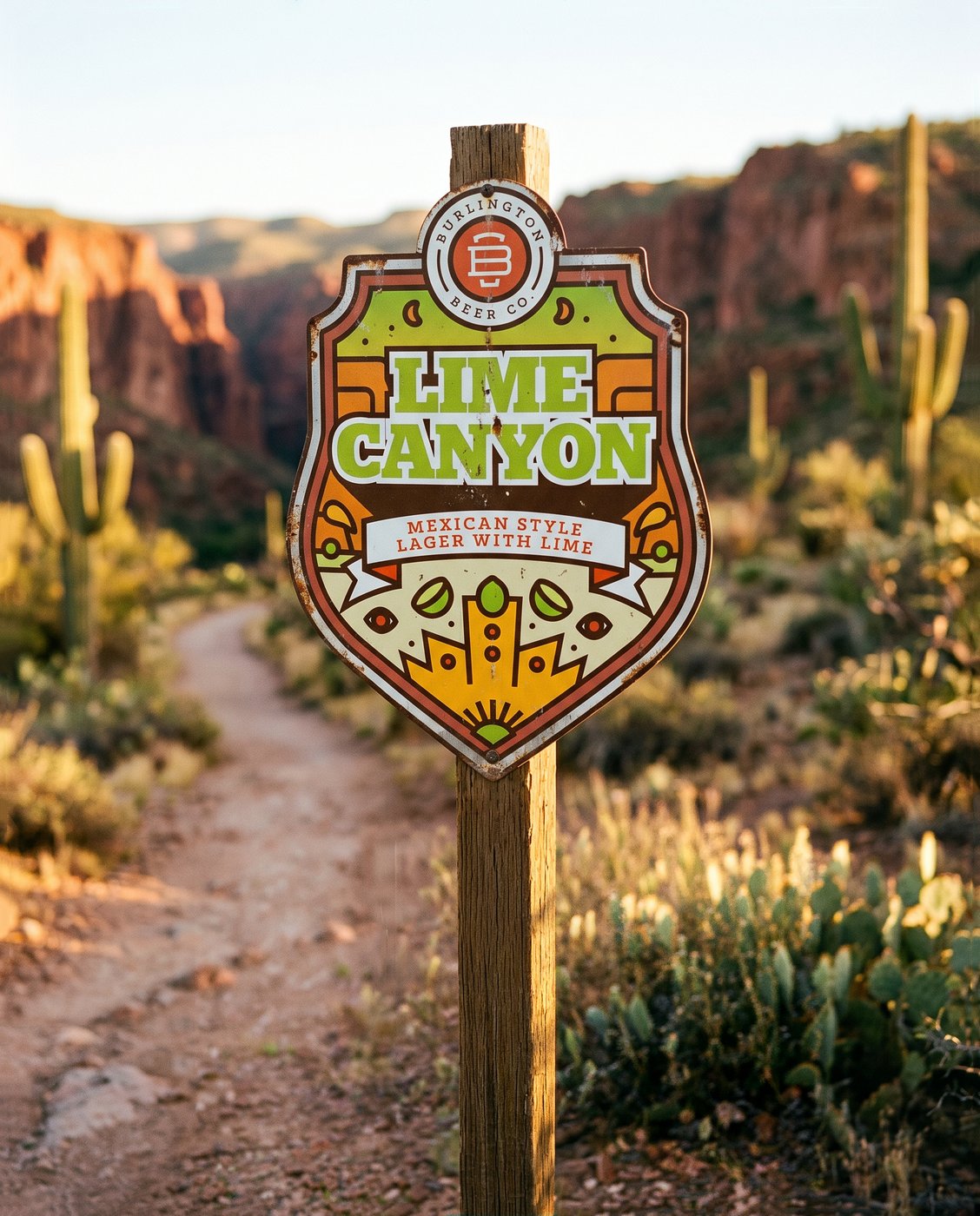 Burlington Beer Co. Lime Canyon trailhead sign in the desert