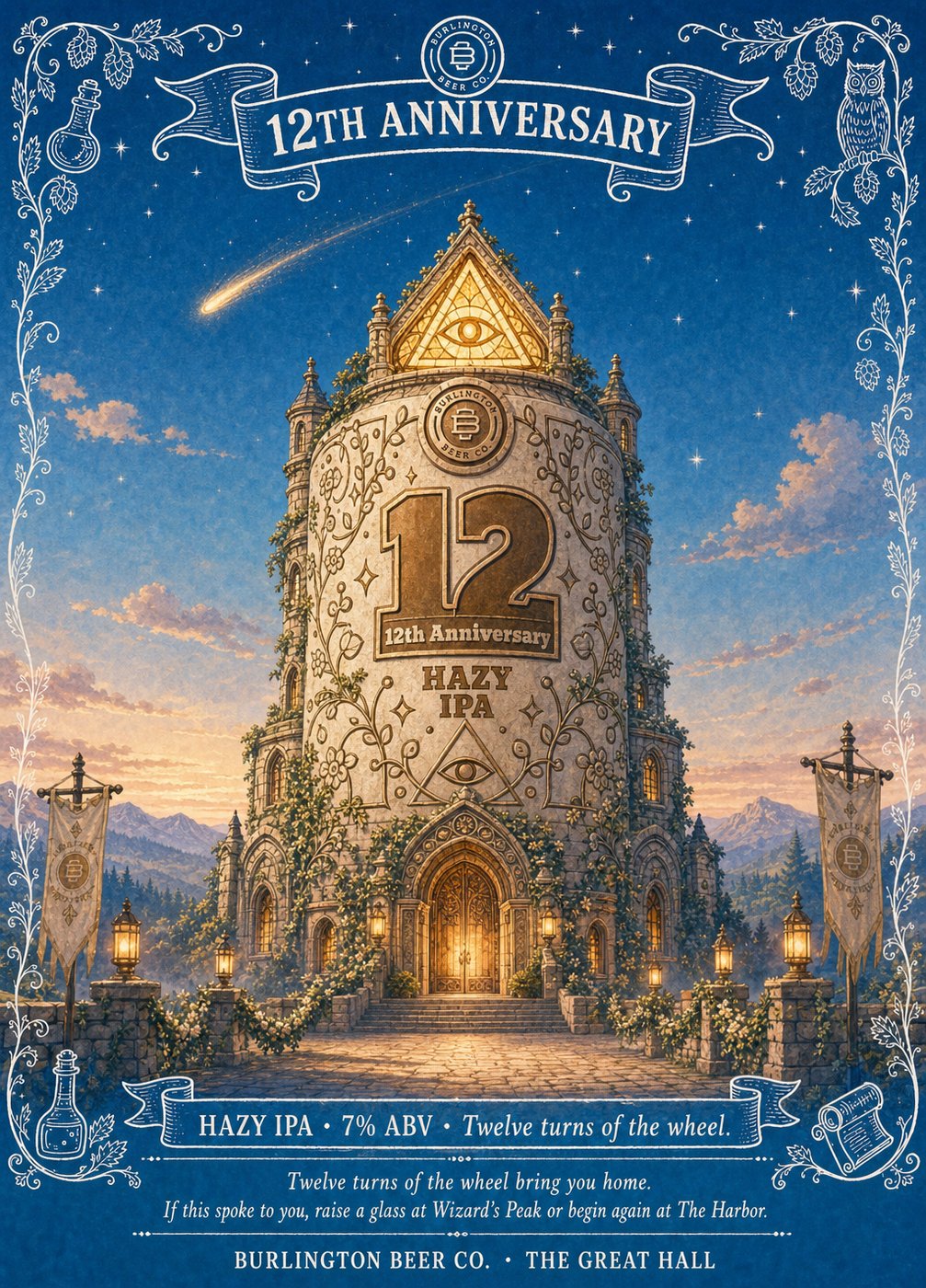 Burlington Beer Co. 12th Anniversary Hazy IPA oracle card, illustrated stone tower