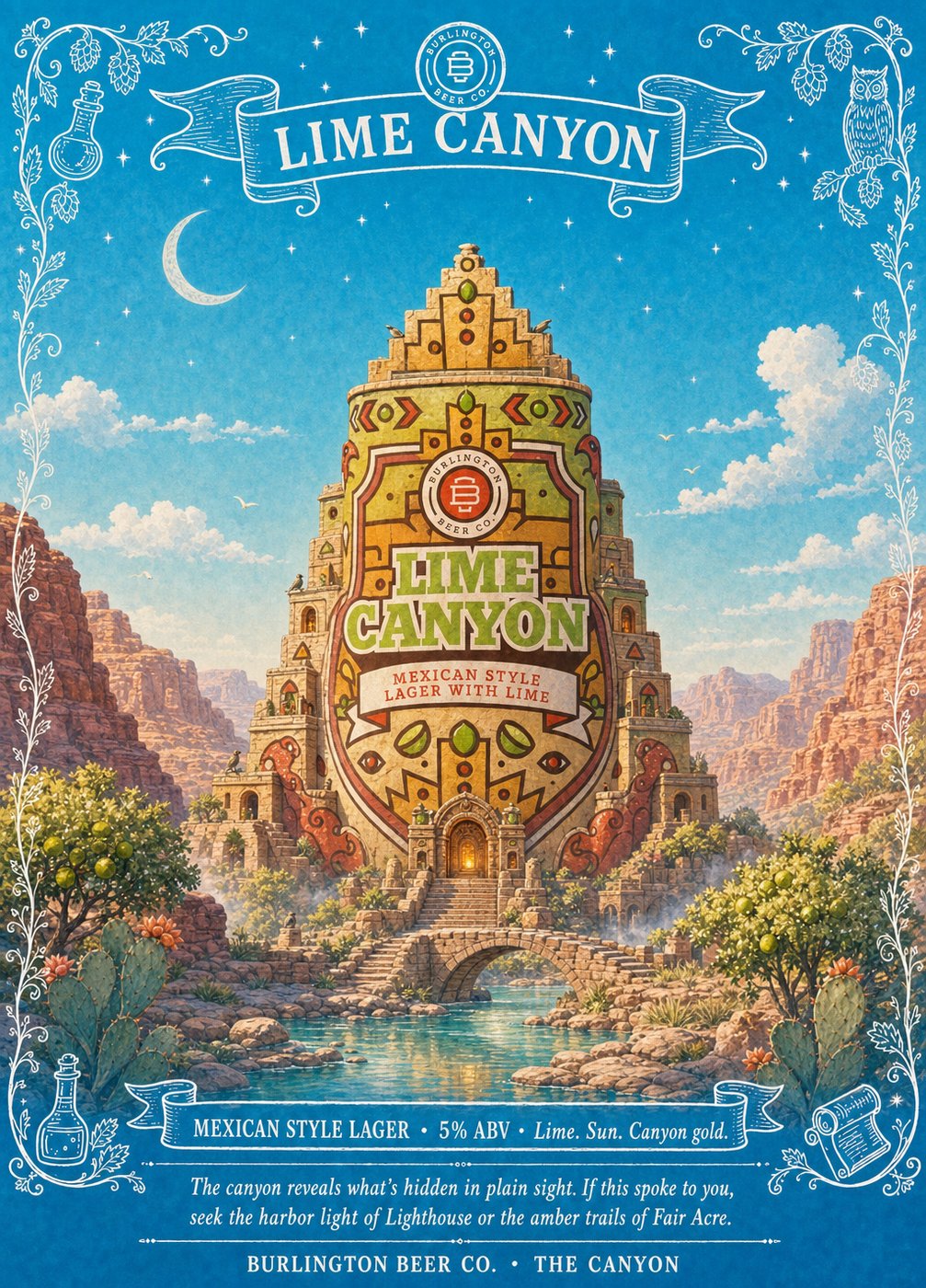 Burlington Beer Co. Lime Canyon oracle card, illustrated Mexican lager temple