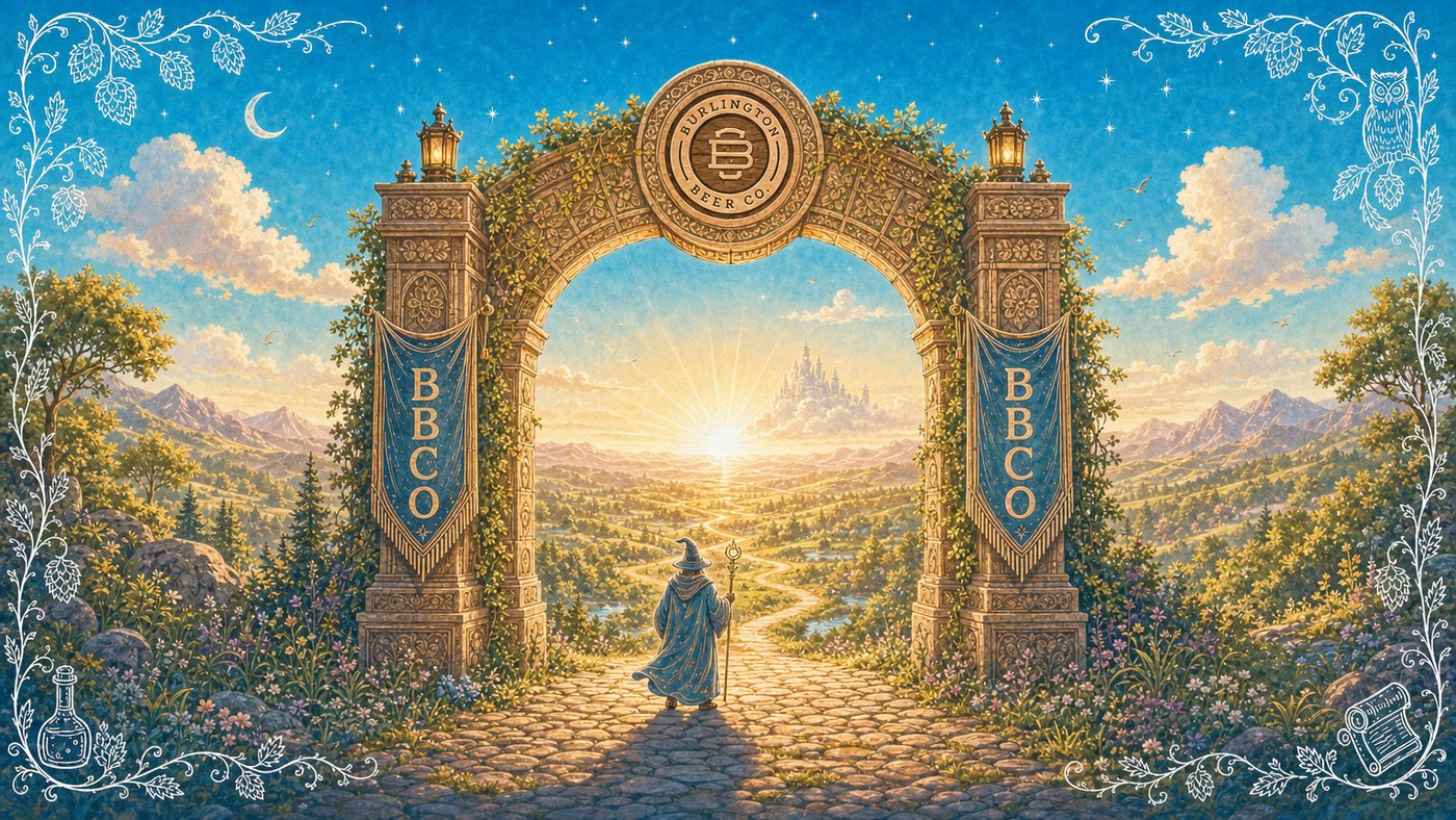 Burlington Beer Co. wizard at the gate to the realm, illustrated