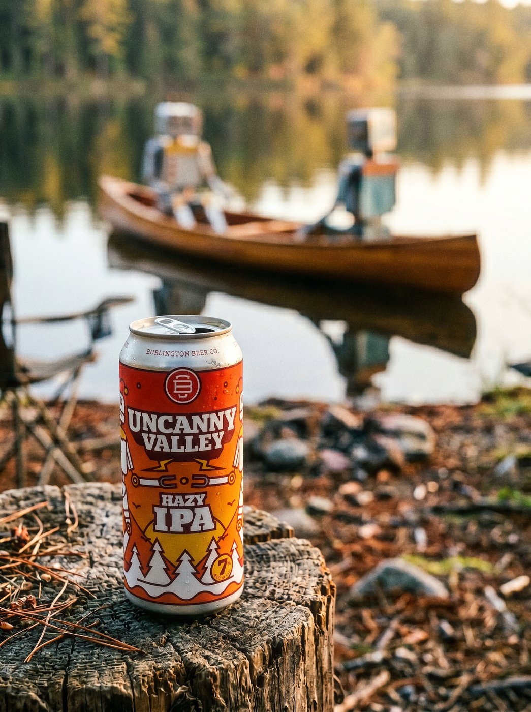 Burlington Beer Co. Uncanny Valley Hazy IPA with robots in a canoe on a lake