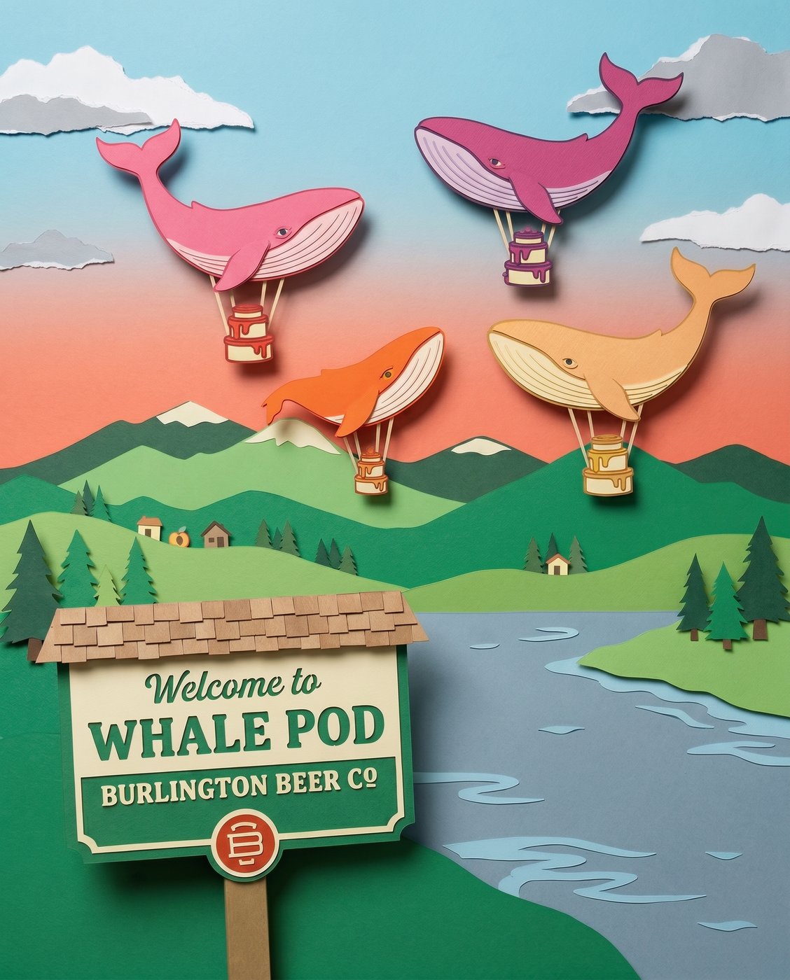Burlington Beer Co. Whale Pod paper-craft whale hot air balloons over a mountain valley