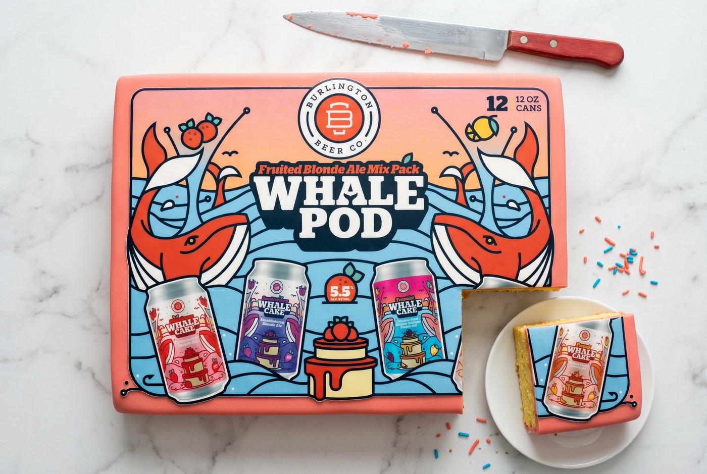 Burlington Beer Co. Whale Pod fruited blonde ale mix pack styled as a sheet cake