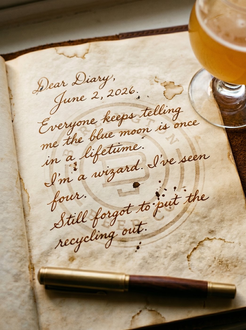 Burlington Beer Co. handwritten wizard diary entry beside a glass of hazy IPA