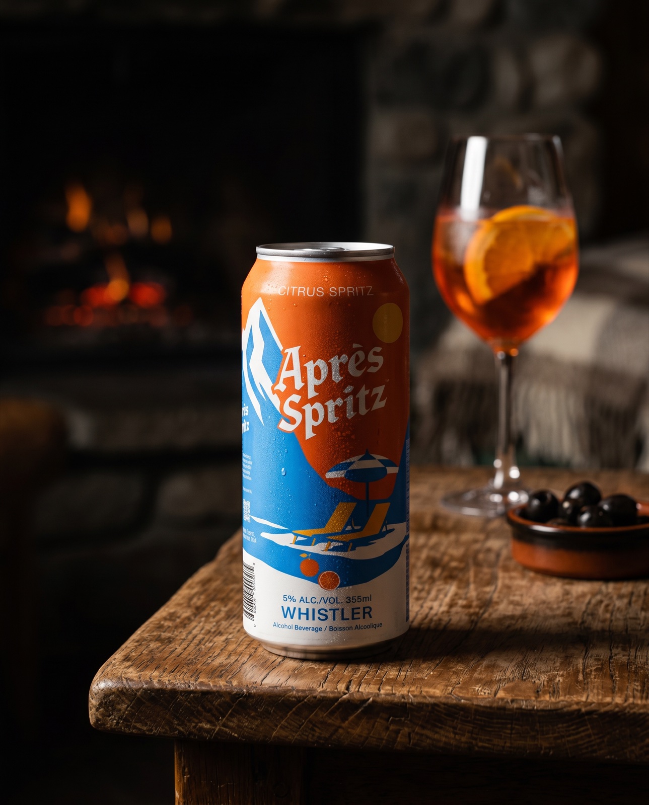 Apres Spritz citrus can by fireplace, lodge lifestyle