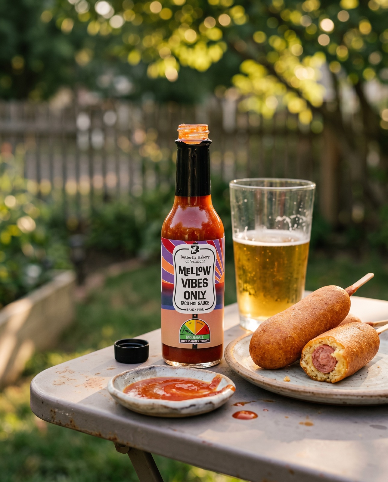 Butterfly Bakery Mellow Vibes Only taco hot sauce with corndogs