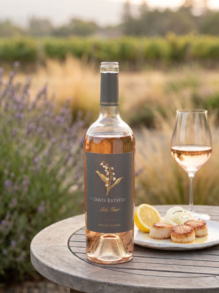 M. Davis Estates Lily Fleur rose with seared scallops in the vineyard