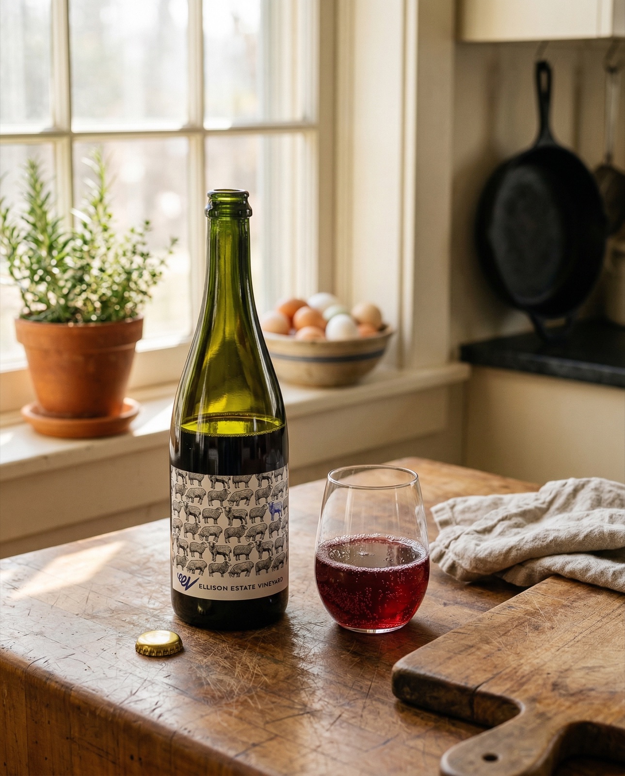 Ellison Estate Vineyard wine in farmhouse kitchen