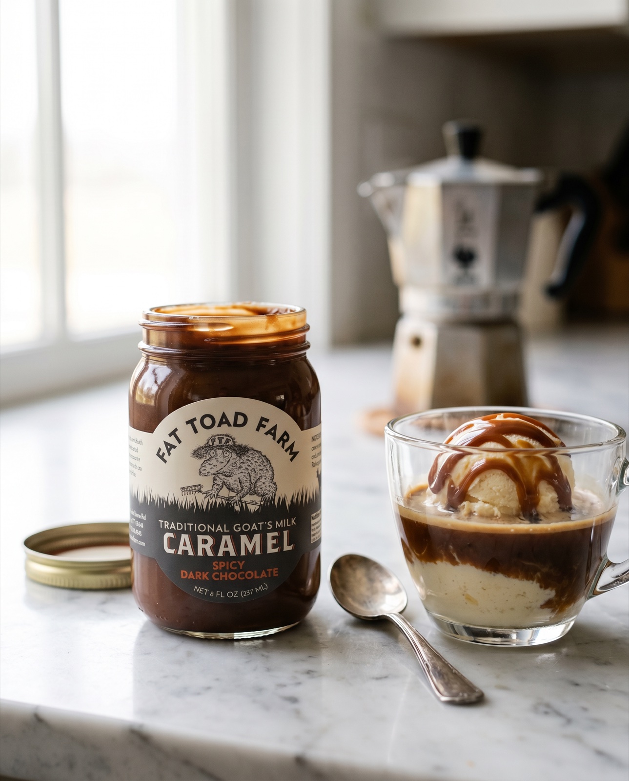 Fat Toad Farm spicy caramel affogato with moka pot