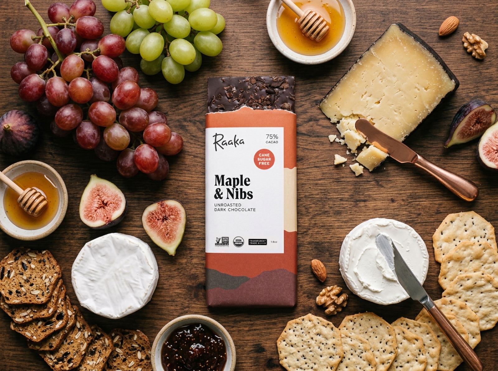 Raaka Chocolate Maple and Nibs with cheese and fig board