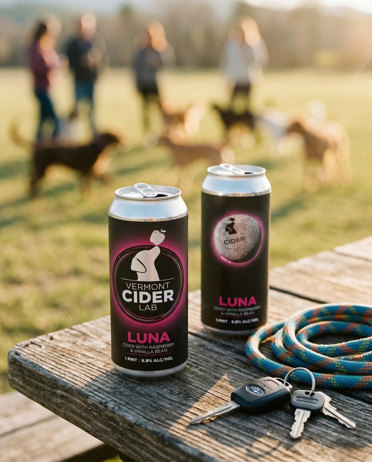 Vermont Cider Lab Luna cider at the dog park, golden hour