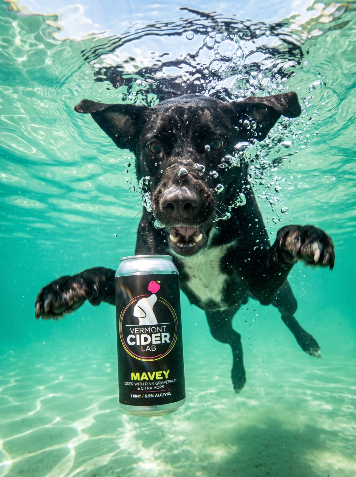 Vermont Cider Lab Mavey cider, underwater dog diving for a can
