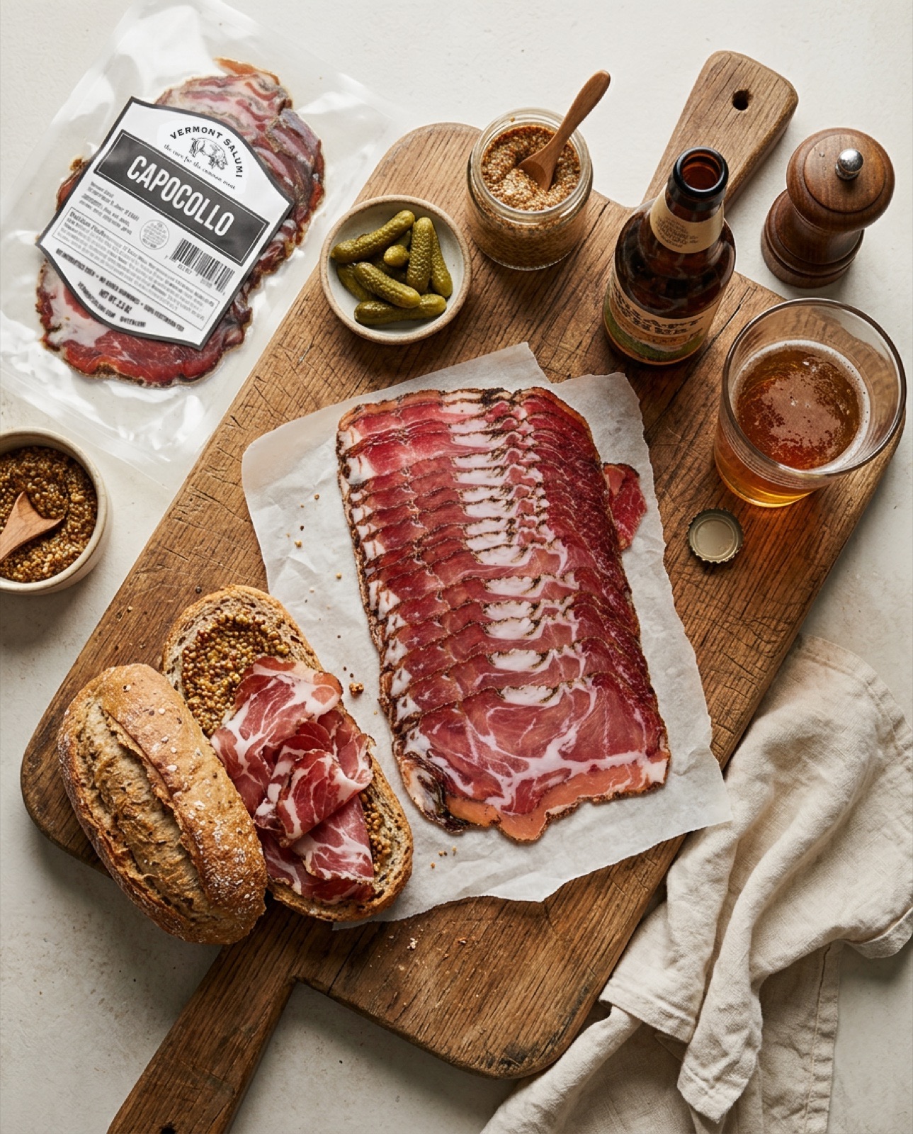 Vermont Salumi Capocollo flatlay with mustard, cornichons, bread, and beer